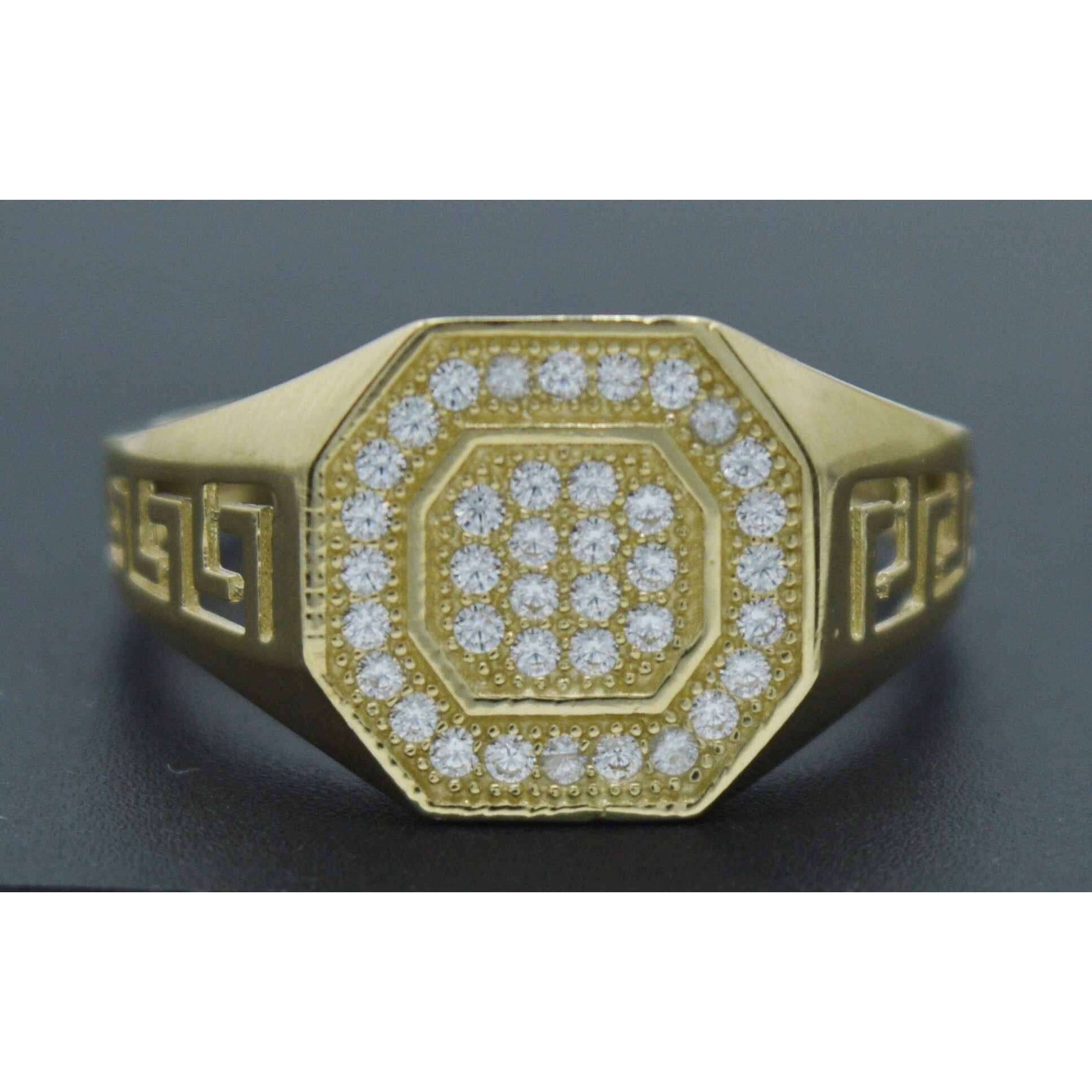 Real 10k Solid Yellow Gold Octagon Greek Style Cz Mens Ring 3.1gr All Sizes